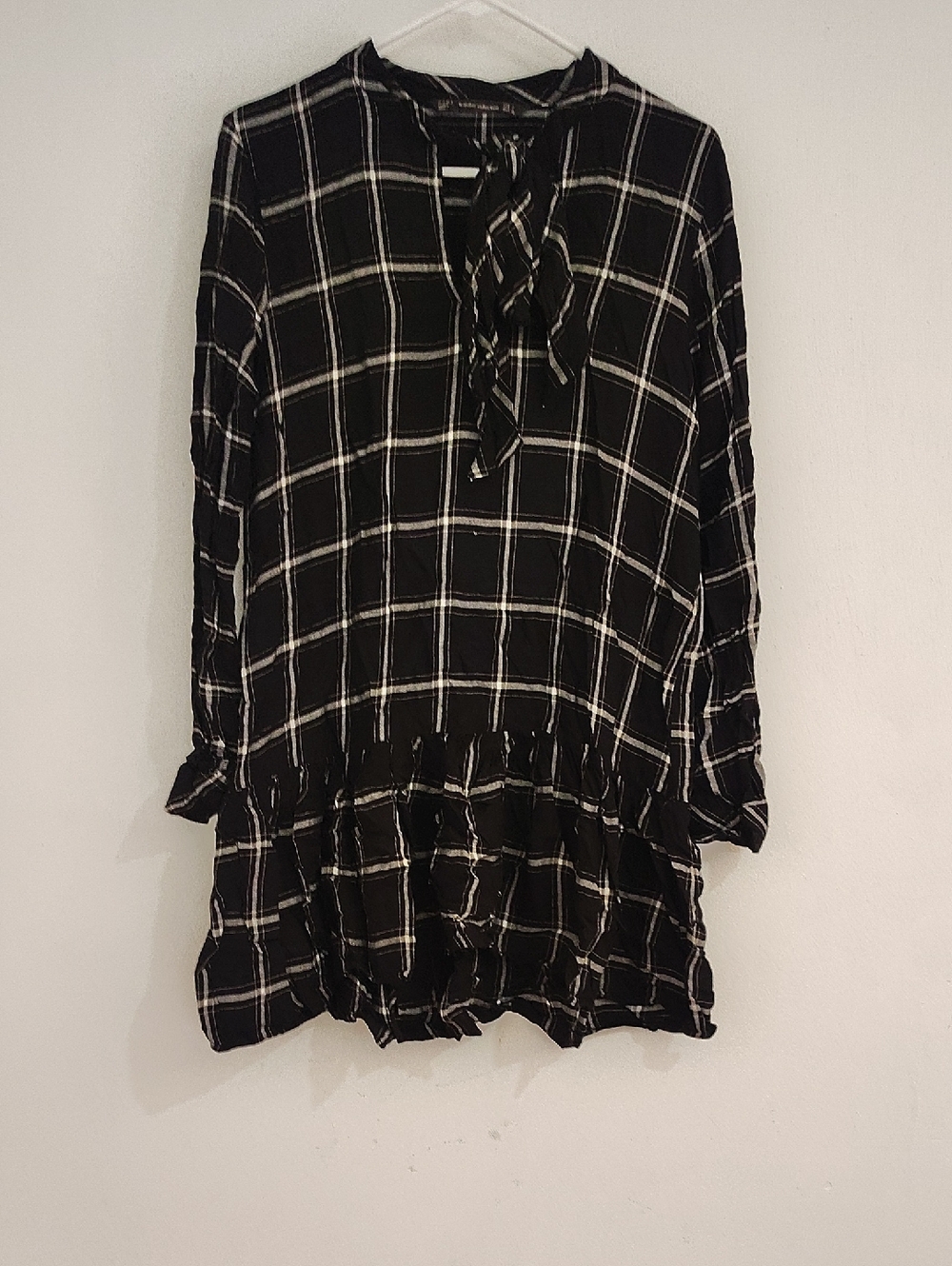 Zara Black and White Plaid Tie-Front Tunic